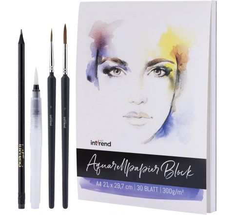 int!rend Watercolour Paper DIN A4 300gsm - 30 White Glued Painting Paper + Water Tank Brush + 2 Brushes + Pencil