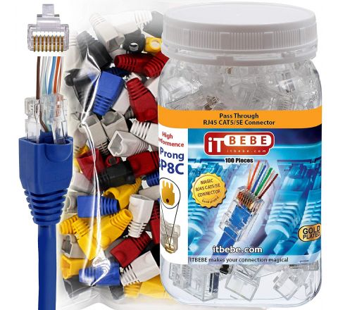 ITBEBE 100 Pieces RJ45 Cat5, Cat5e Connectors and 100 Pieces White Strain Relief Boots for 24 AWG Cables