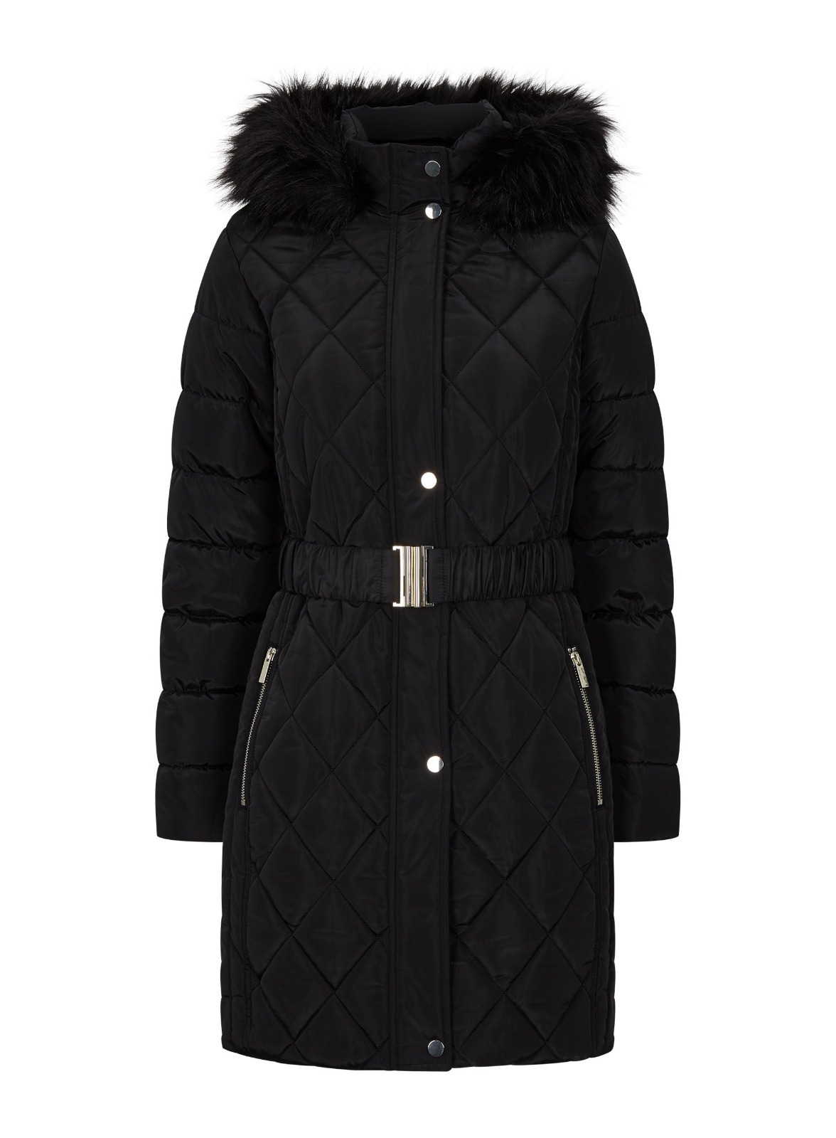 DP Ladies Womens Black Winter Long Line Fur Padded Jacket Coat Size 10 ...