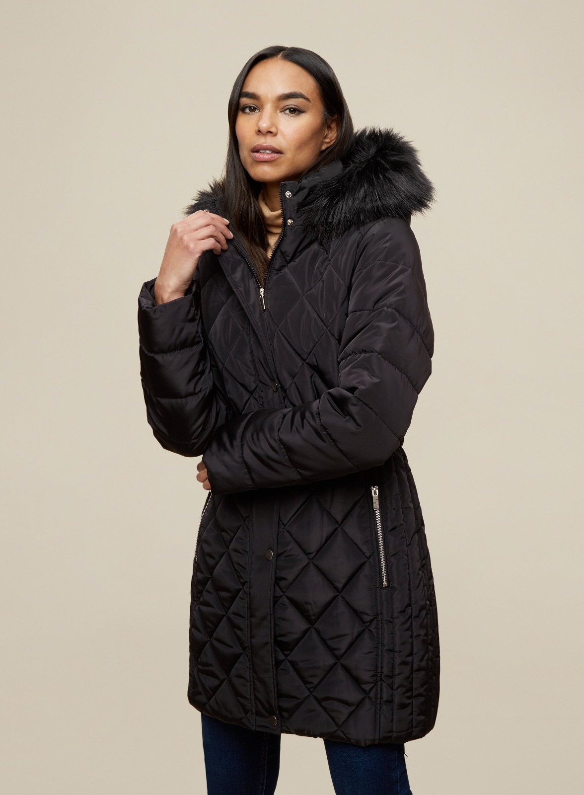 Womens Ladies Khaki Reversible Faux Fur Hood Trim Padded Parka Coat Size 8-16