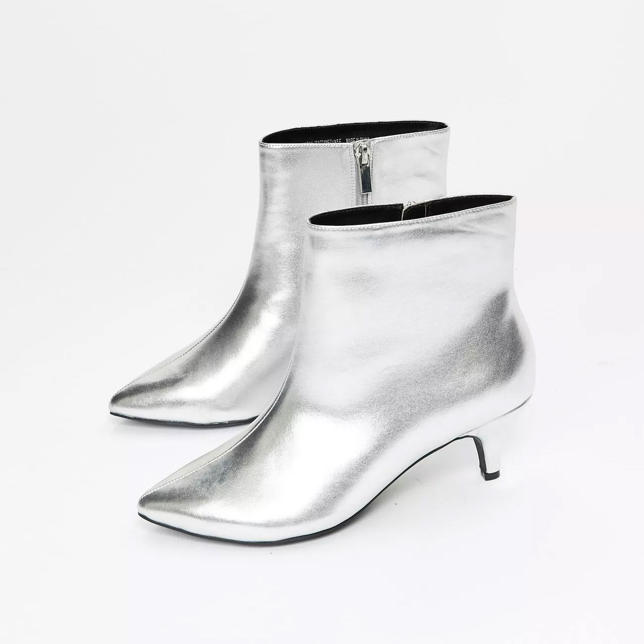 EVANS Womens Silver Low Kitten Heel Ankle Boots Metallic Zipper Shoes ...