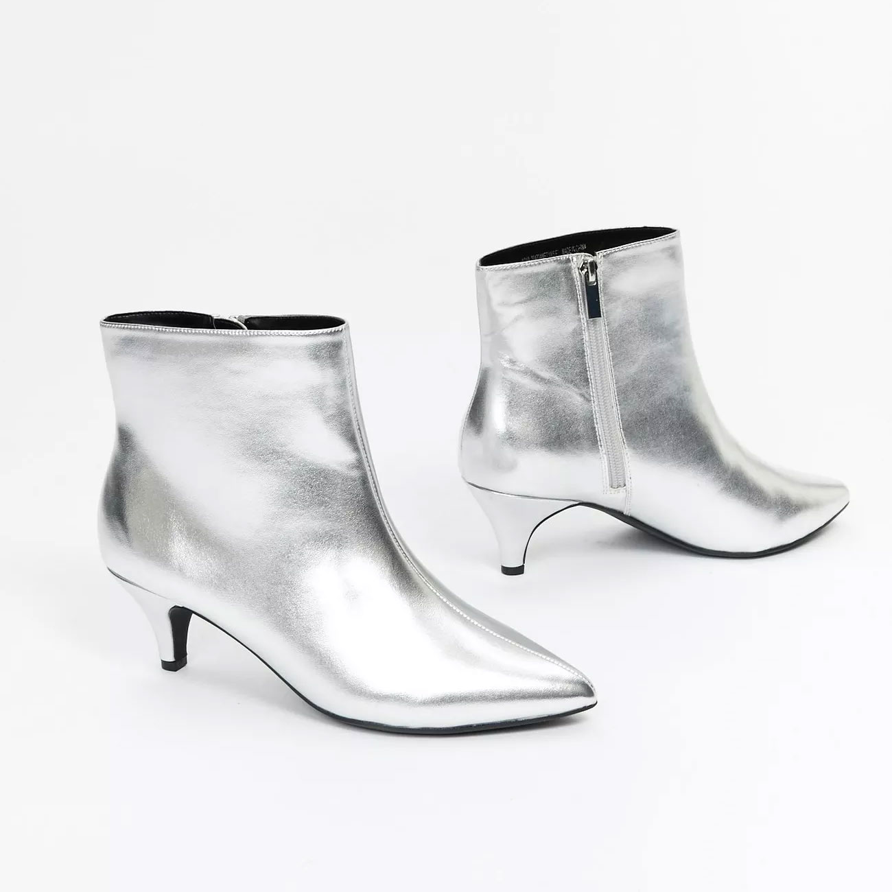 EVANS Womens Silver Low Kitten Heel Ankle Boots Metallic Zipper Shoes ...