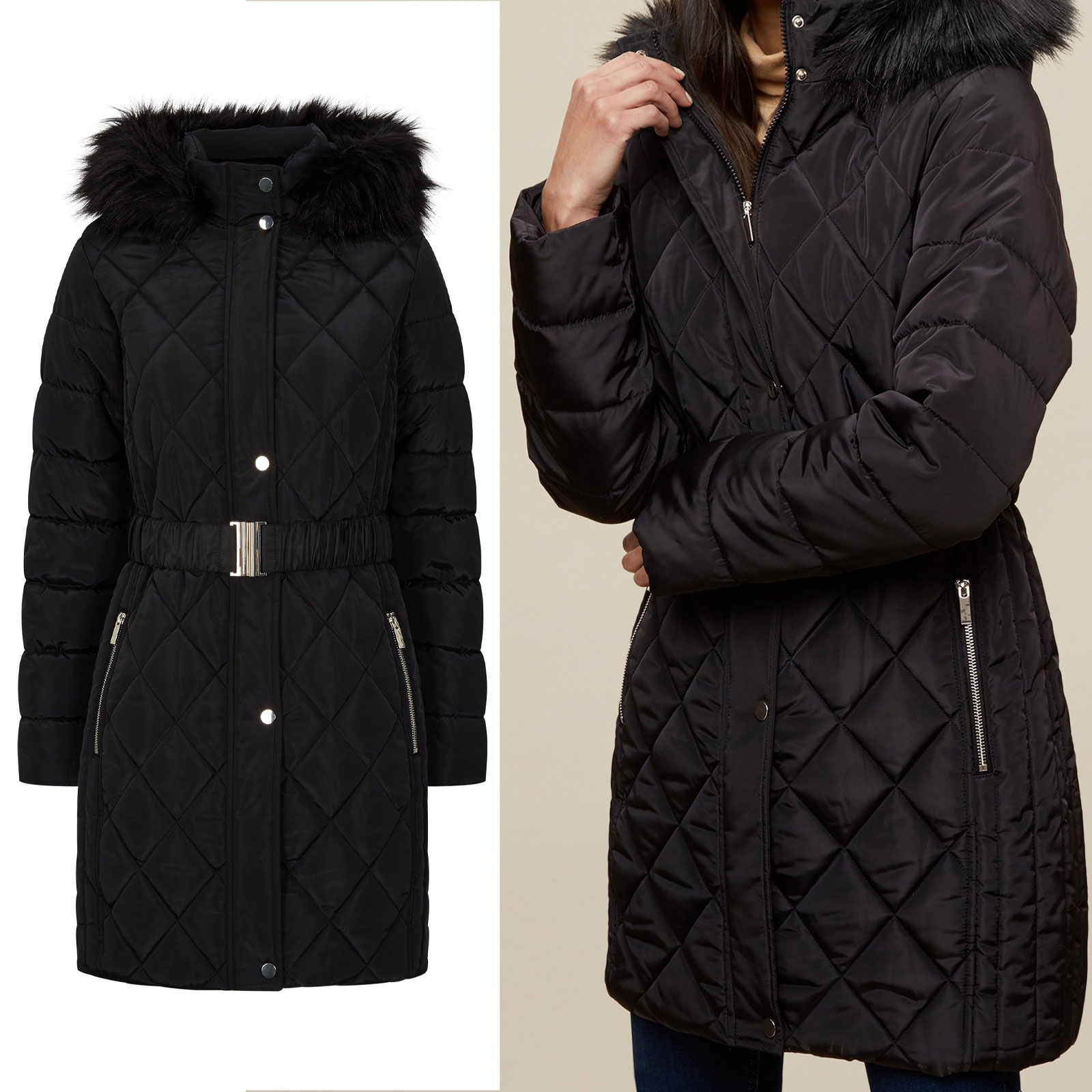 DP Ladies Womens Black Winter Long Line Fur Padded Jacket Coat Size 10