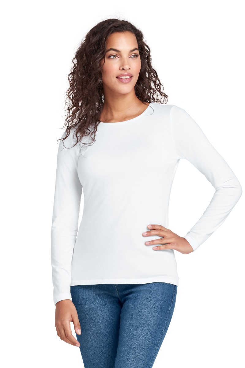 LANDS END Ladies Womens Long Sleeve Jersey T Shirt Top White Tee Cotton